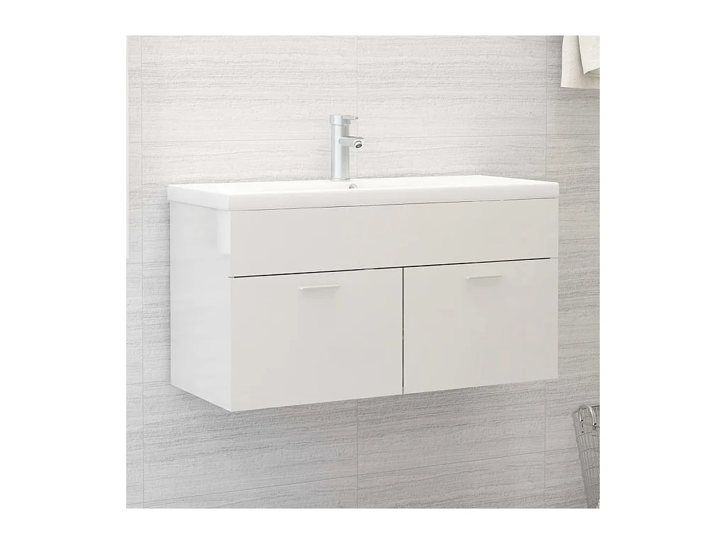 Meuble d'évier+ vasque intégré Blanc brillant Aggloméré WVGQ9488