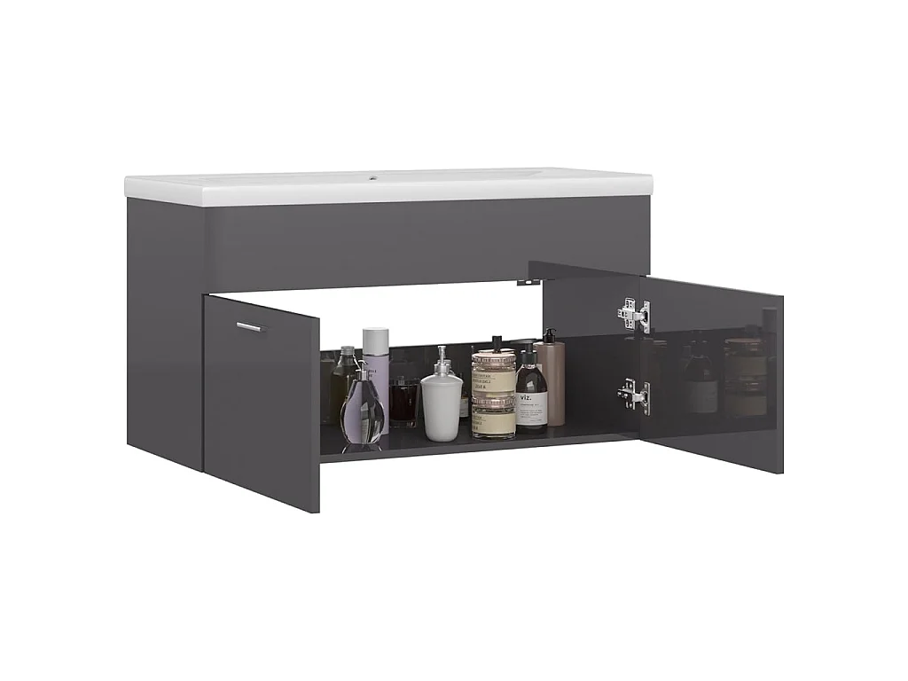 Meuble d'évier+ vasque intégré Gris brillant Aggloméré WVGQ8576