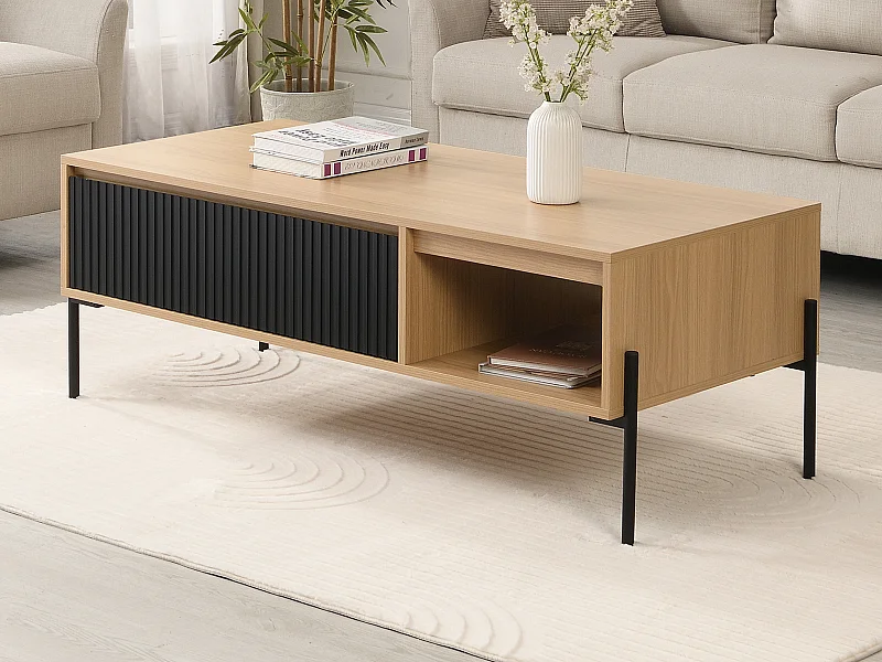 Salontafel met 1 lade en 2 nissen - Zwart en licht naturelkleurig - GLARODI