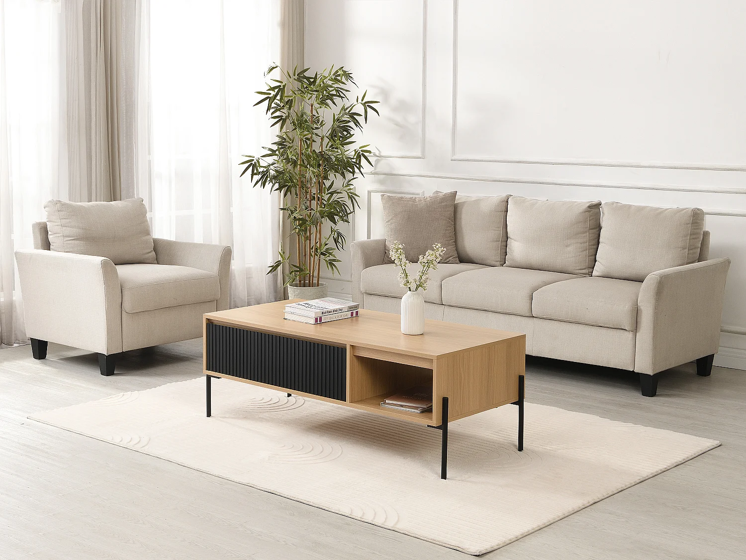 Couchtisch mit 1 Schublade & 2 Ablagefächern - Schwarz & Holzfarben hell - GLARODI