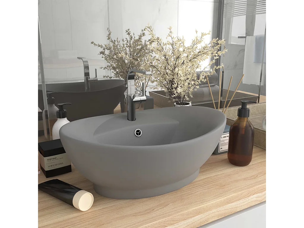 Vasque ovale à trop-plein Gris clair mat 58,5x39 cm Céramique WVGQ3883