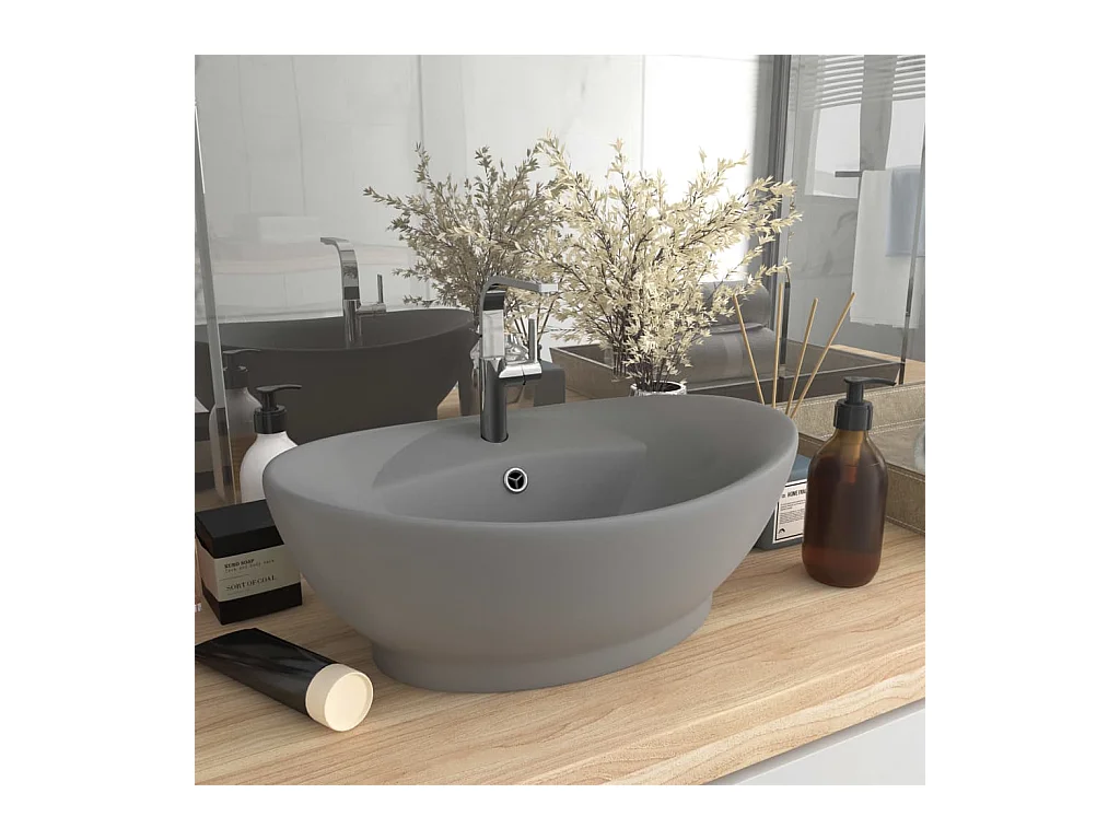 Vasque ovale à trop-plein Gris clair mat 58,5x39 cm Céramique WVGQ3883