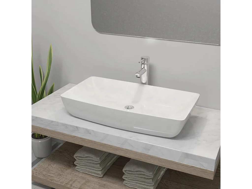 Lavabo de baño rectangular con grifo mezclador cerámica blanco ES66597