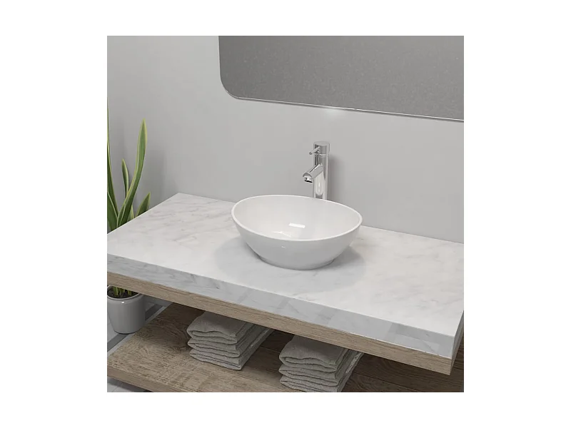 Vasque de salle de bain avec mitigeur Céramique Ovale Blanc WVGQ4345