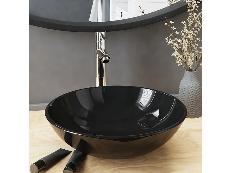 Lavabo y grifo tapón pulsador cristal templado negro ES66569