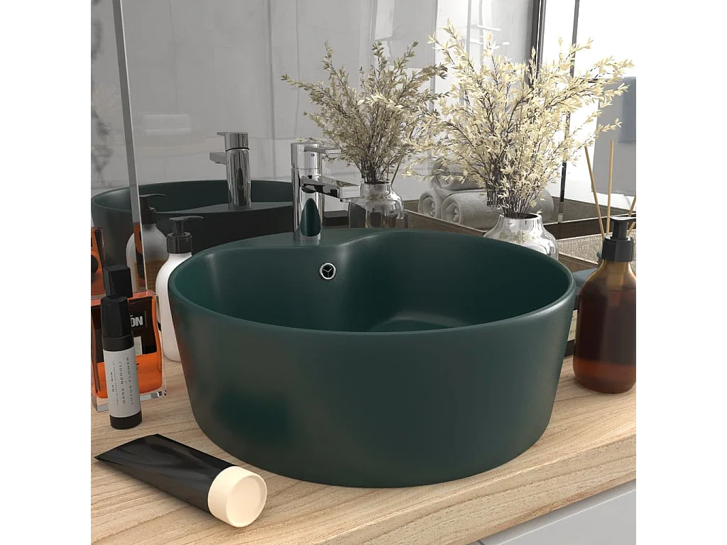 Lavabo lujo con rebosadero cerámica verde oscuro mate 36x13 cm ES66321