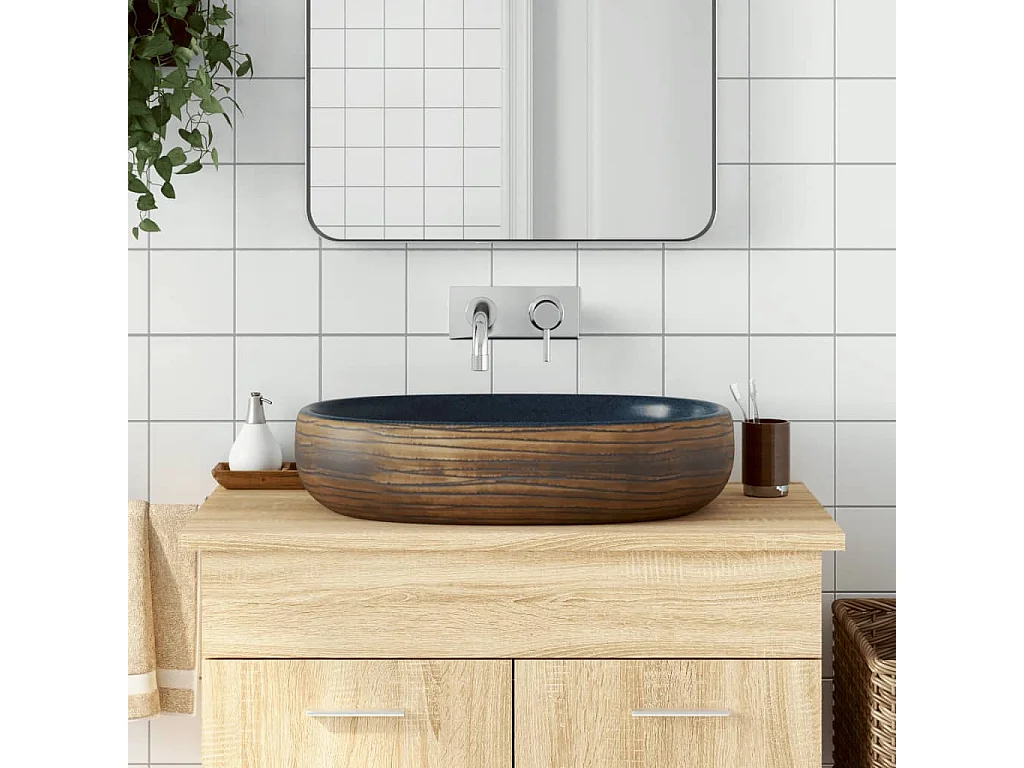 Lavatório de bancada oval 59x40x14 cm cerâmica castanho e azul PT445055