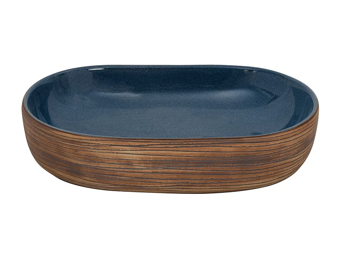 Lavatório de bancada oval 59x40x14 cm cerâmica castanho e azul PT445055
