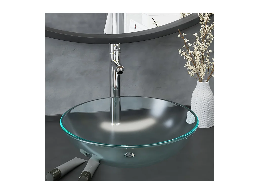Vasque de bain avec robinet et drain à poussoir Verre trempé WVGQ1341