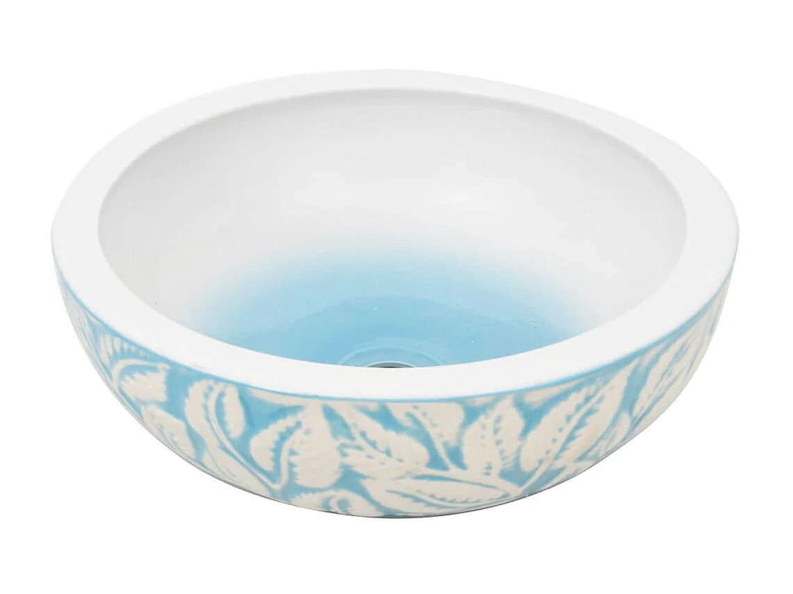 Lavabo sobre encimera redondo cerámica blanco y azul Φ41x14 cm ES66357