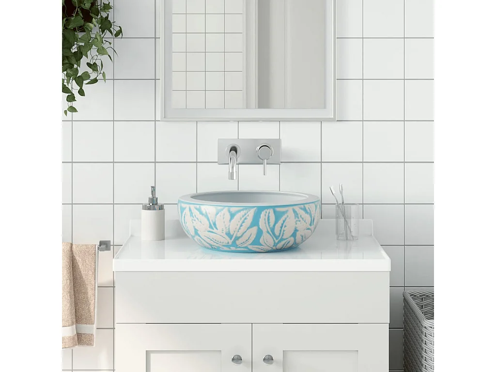 Pia de bancada redonda Φ41x14 cm cerâmica azul e branco PT319678