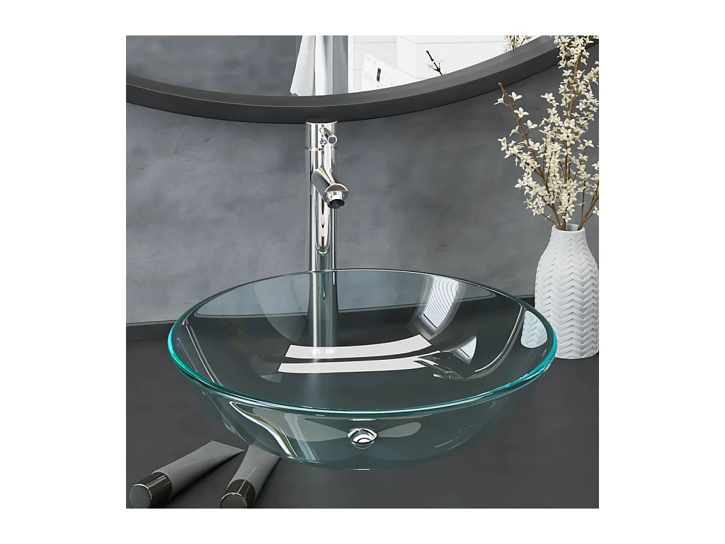 Vasque de bain avec robinet et drain à poussoir Verre trempé WVGQ4919