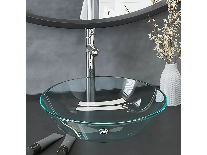Lavabo con grifo y tapón pulsador cristal templado transparente ES66275