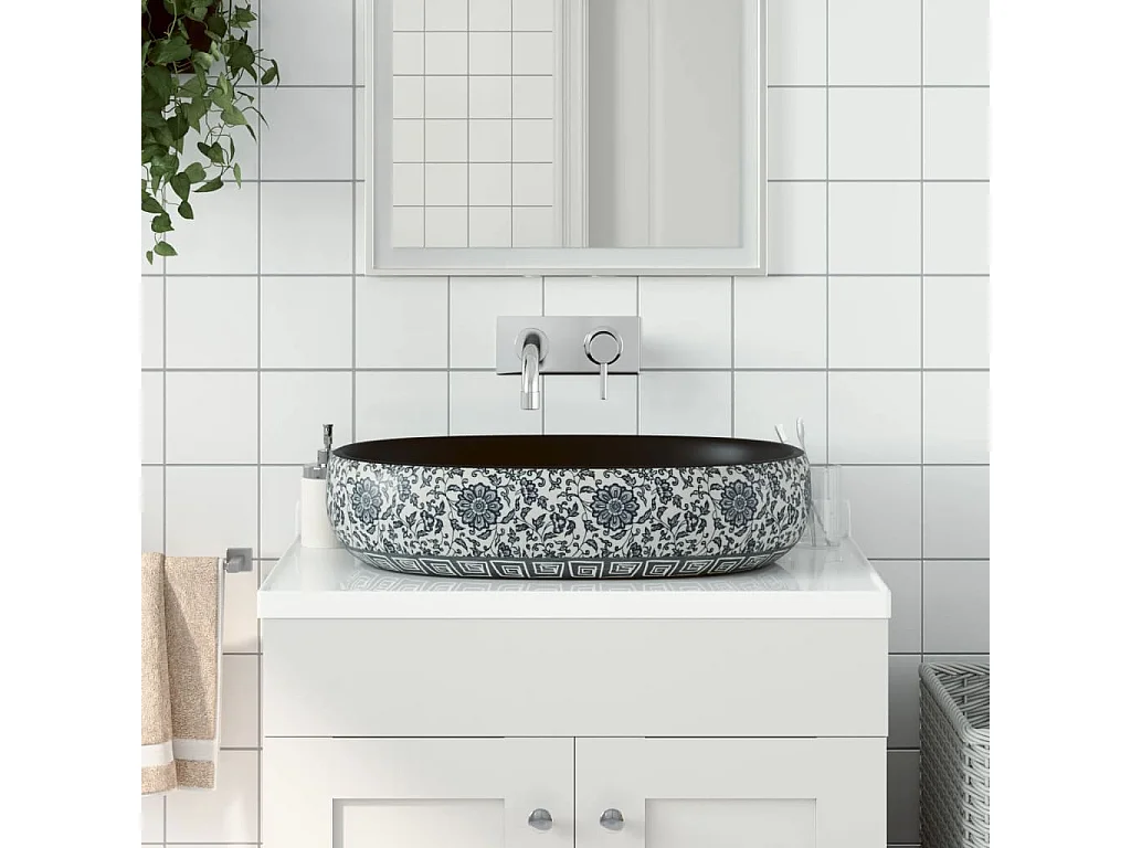 Lavatório de bancada oval 59x40x14 cm cerâmica preto e azul PT384173