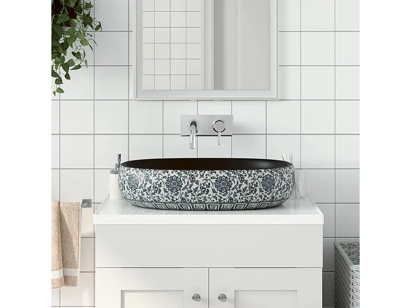 Lavatório de bancada oval 59x40x14 cm cerâmica preto e azul PT384173