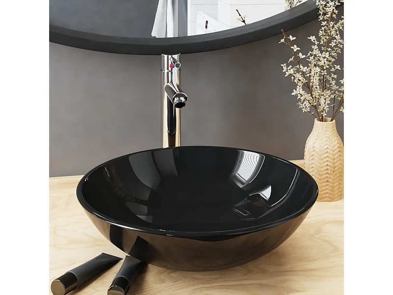 Lavabo con grifo y tapón pulsador cristal templado negro ES66462