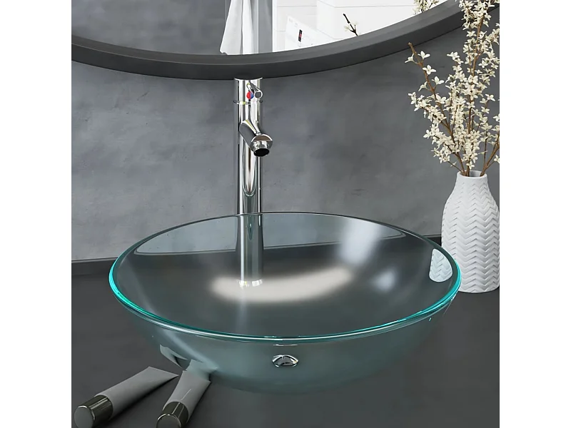 Lavabo con grifo y tapón pulsador cristal templado esmerilado ES66506