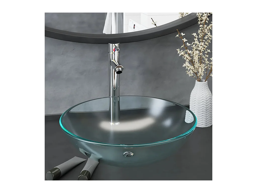 Vasque de bain avec robinet et drain à poussoir Verre trempé WVGQ6168