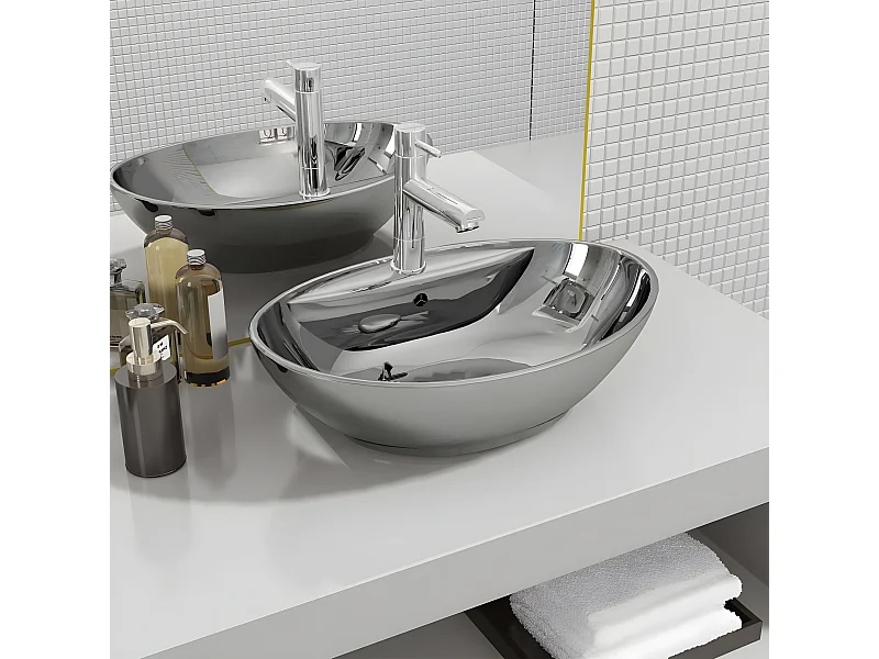 Lavabo con rebosadero 58,5x39x21 cm cerámica plateado ES66247