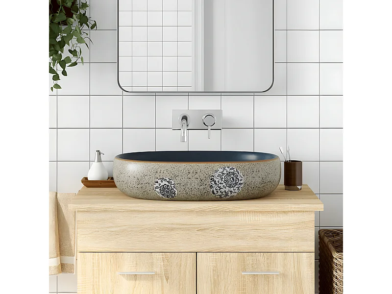 Lavabo sobre encimera ovalado arena y azul cerámica 59x40x14 cm ES66238