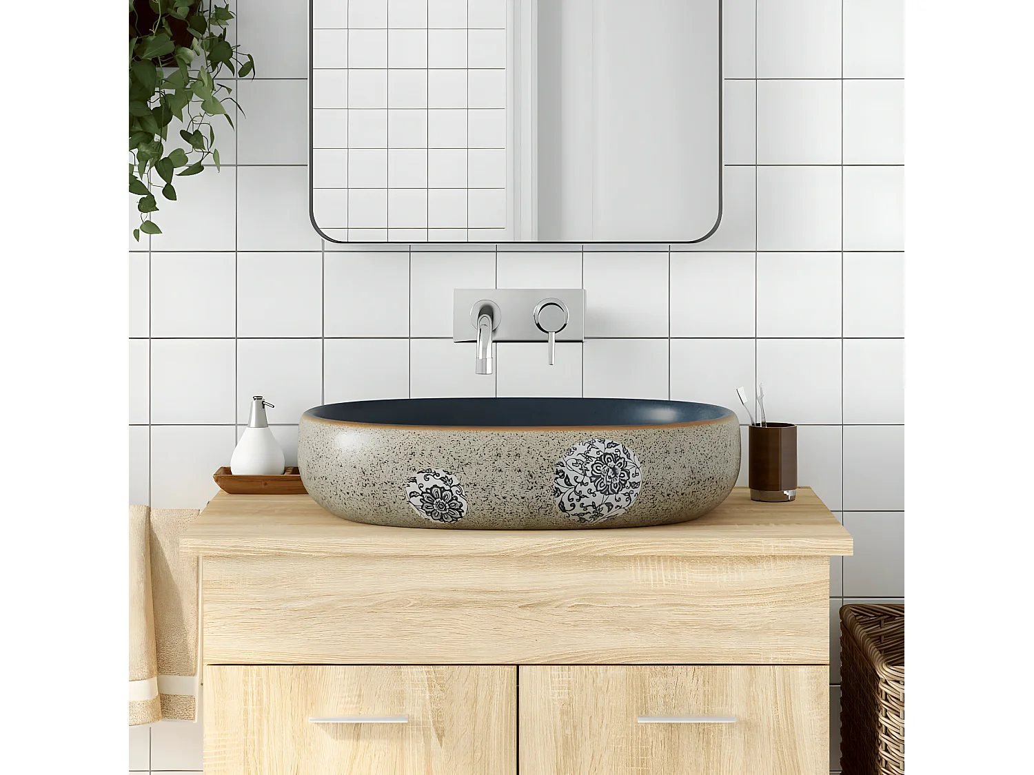 Lavabo sobre encimera ovalado arena y azul cerámica 59x40x14 cm ES66238