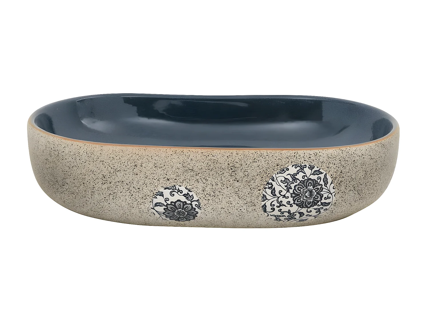 Lavatório bancada oval 59x40x14 cm cerâmica cor de areia e azul PT796592