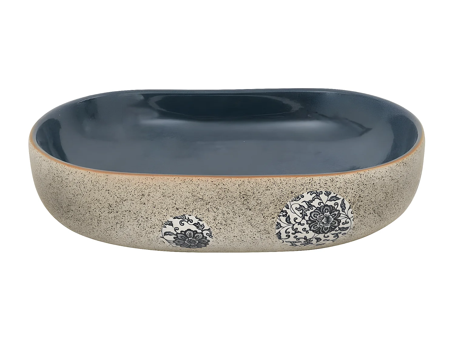 Lavatório bancada oval 59x40x14 cm cerâmica cor de areia e azul PT796592