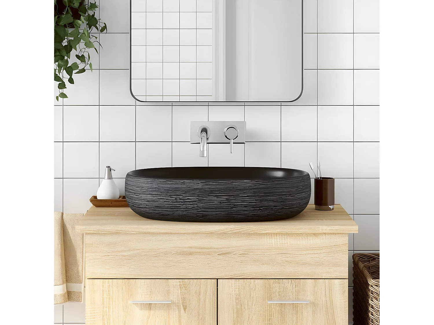 Lavabo sobre encimera ovalado cerámica gris y negro 59x40x14 cm ES893924