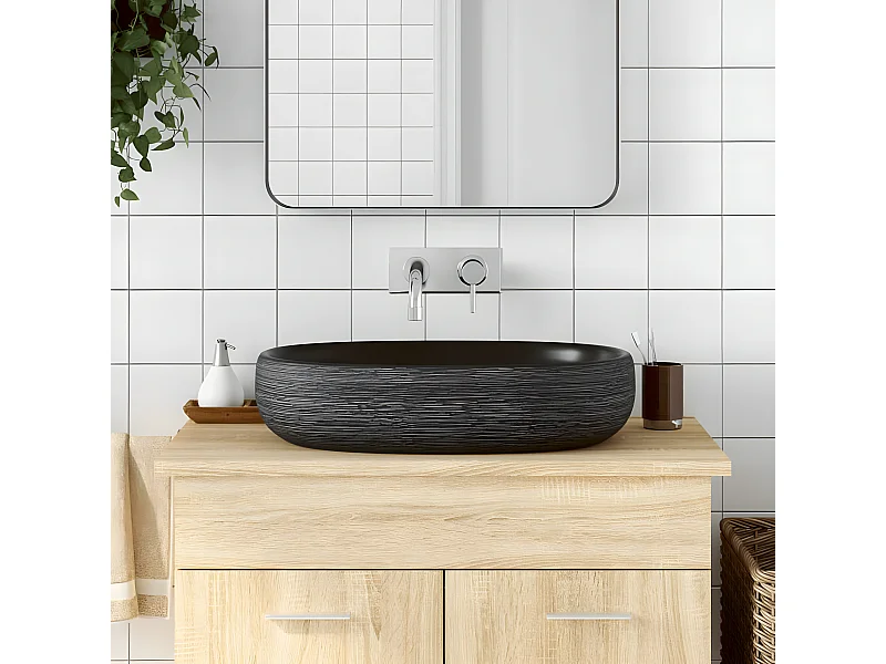 Lavatório de bancada oval 59x40x14 cm cerâmica cinza e preto PT308147
