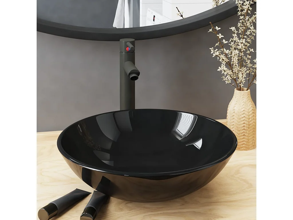 Vasque de bain avec robinet et drain à poussoir Verre trempé WVGQ6863