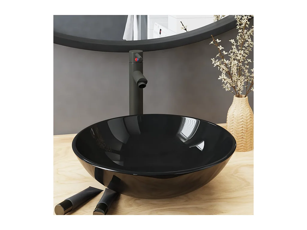 Vasque de bain avec robinet et drain à poussoir Verre trempé WVGQ6863