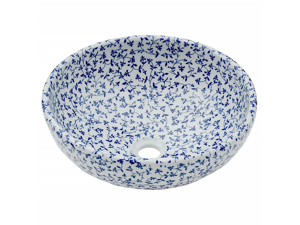 Pia de bancada redonda Φ41x14 cm cerâmica azul e branco PT156411