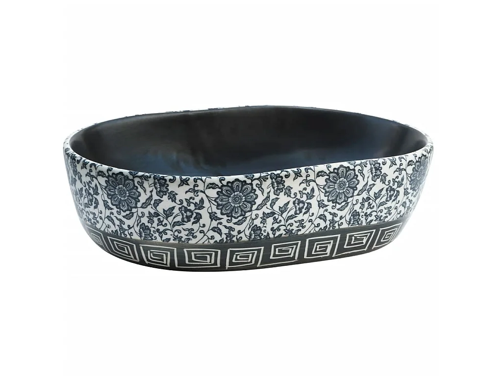 Lavatório de bancada oval 47x33x13 cm cerâmica preto e azul PT100257