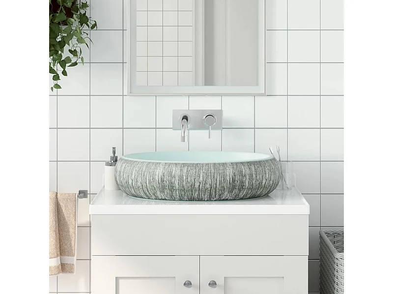 Lavabo sobre encimera ovalado cerámica gris y azul 59x40x15 cm ES66365