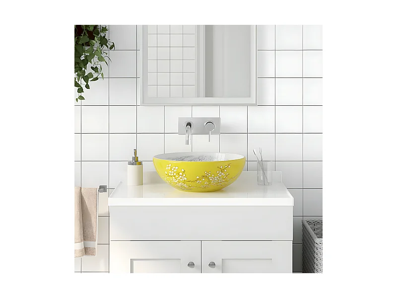 Lavatório de bancada redondo Φ41x14 cm cerâmica branco/amarelo PT119210