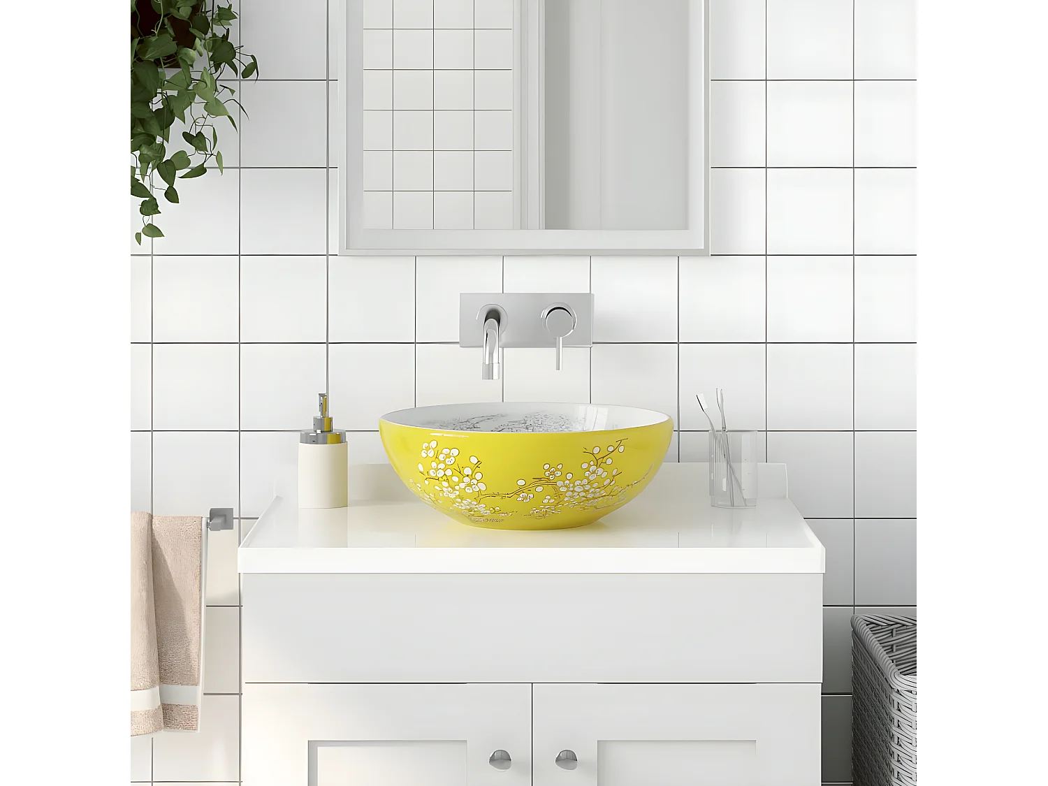 Lavatório de bancada redondo Φ41x14 cm cerâmica branco/amarelo PT119210