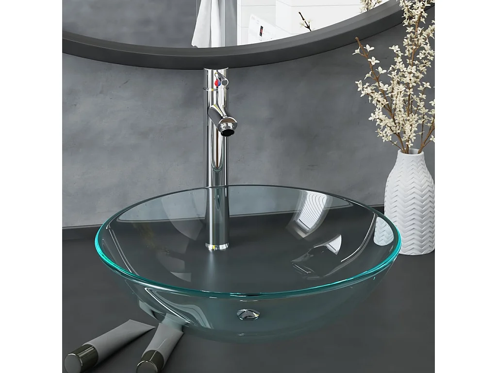 Lavabo con grifo y tapón pulsador cristal templado transparente ES66610