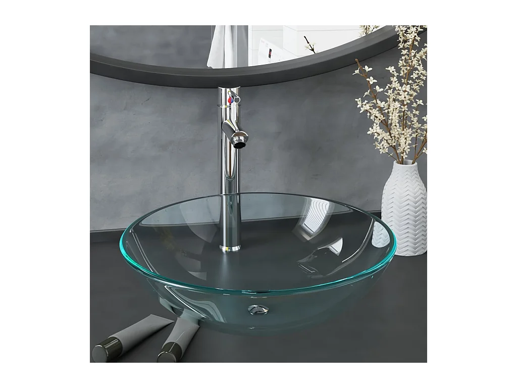 Vasque de bain avec robinet et drain à poussoir Verre trempé WVGQ4328