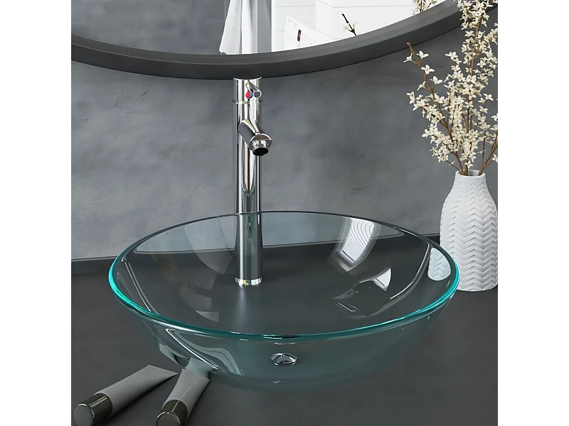 Lavabo con grifo y tapón pulsador cristal templado transparente ES66610