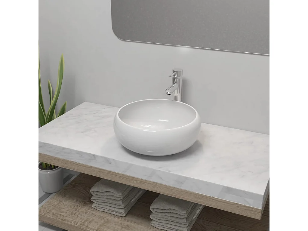 Lavabo de baño redondo con grifo mezclador cerámica blanco ES66267