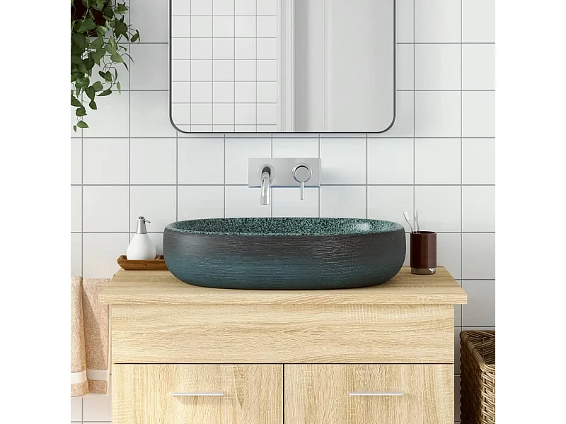 Lavatório de bancada oval 59x40x14 cm cerâmica turquesa PT876676