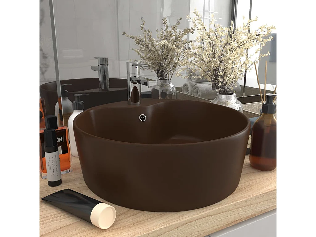 Lavabo lujoso y rebosadero cerámica marrón oscuro mate 36x13 cm ES66473