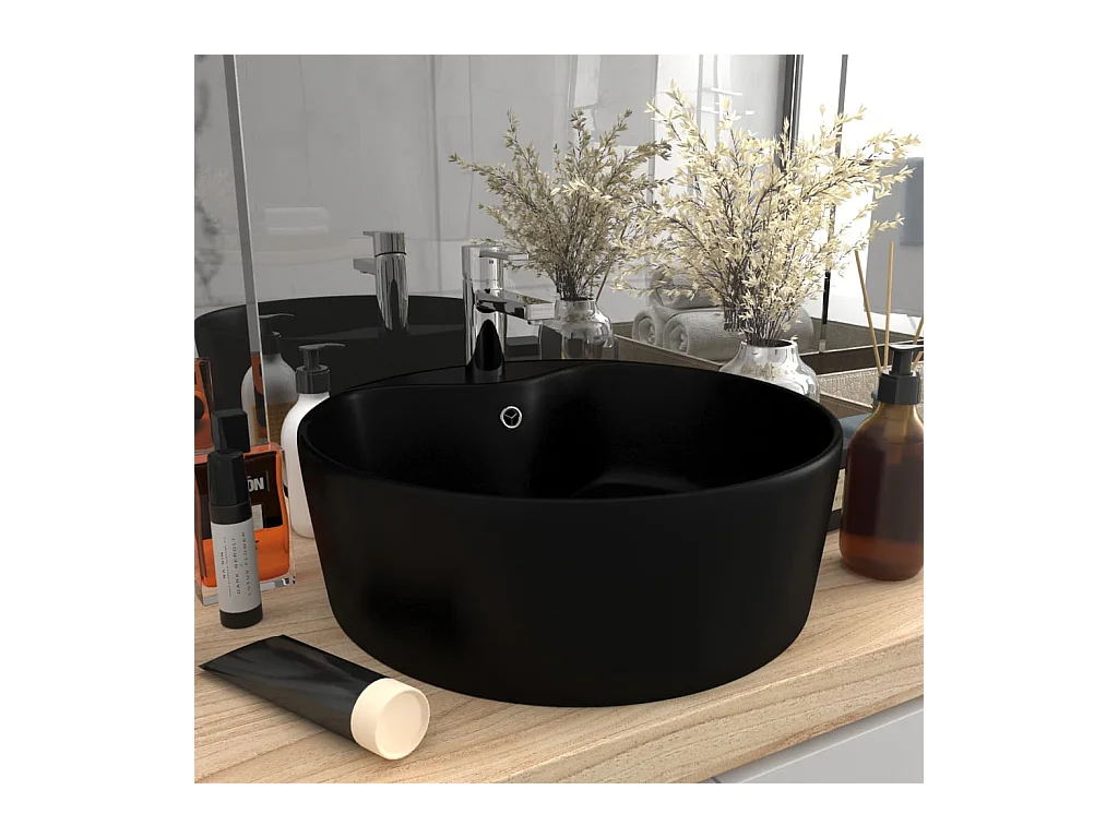 Lavatório com extravasamento 36x13 cm cerâmica preto mate PT292736