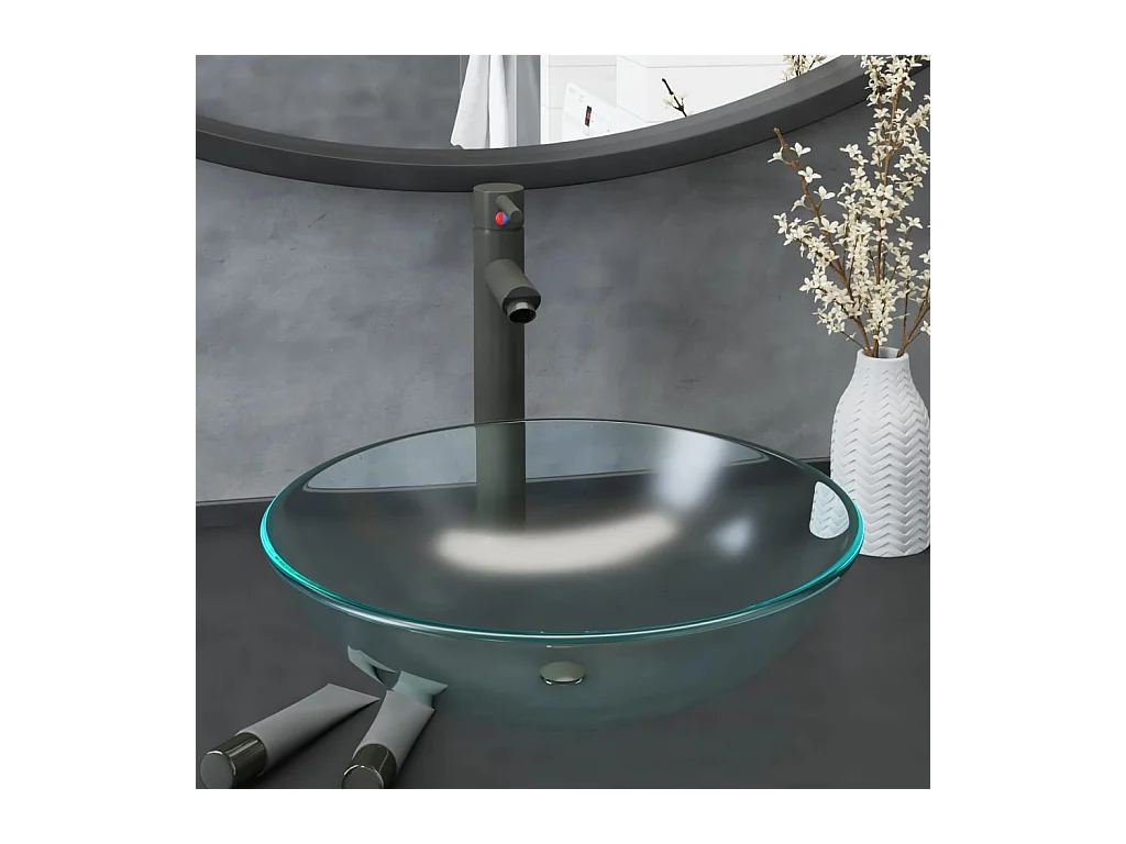 Vasque de bain avec robinet et drain à poussoir Verre trempé WVGQ2934