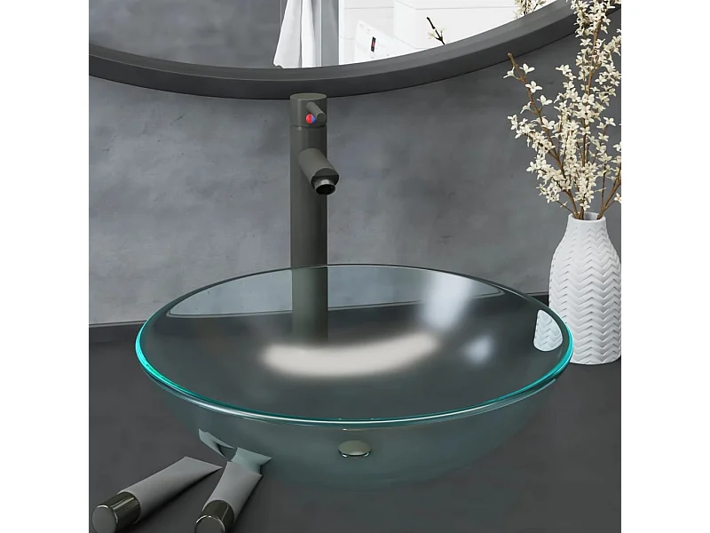 Vasque de bain avec robinet et drain à poussoir Verre trempé WVGQ2934