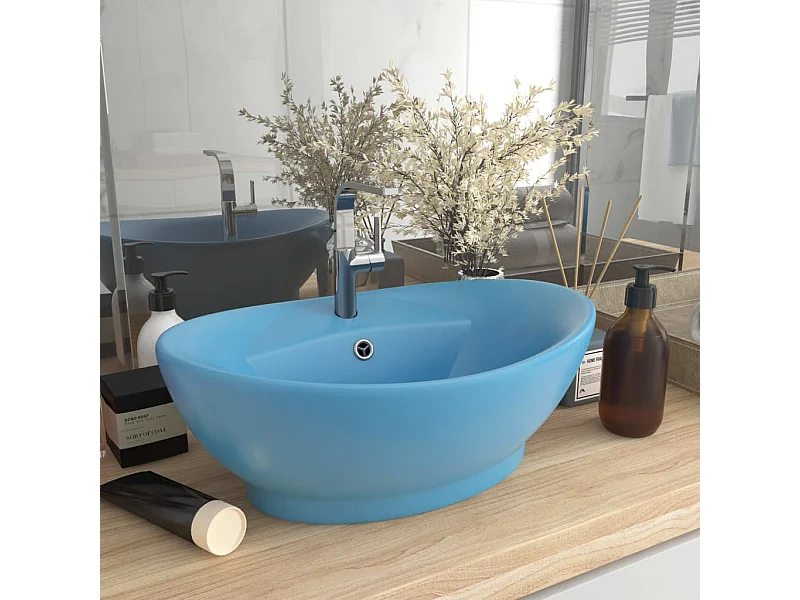 Vasque ovale à trop-plein Bleu clair mat 58,5x39 cm Céramique WVGQ3888