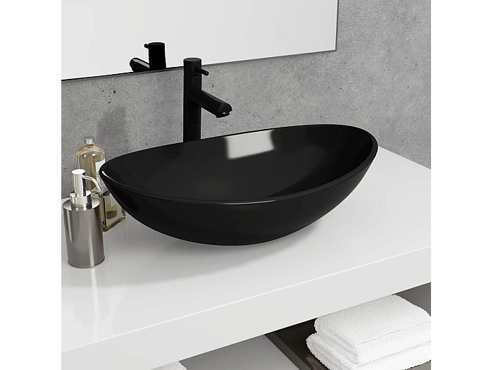 Lavabo De Vidrio Templado Negro - 30x12 Cm, Sobre Encimera, Orificio Drenaje 4.5 Cm, Para Baño O Aseo