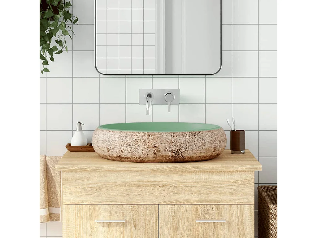 Lavabo sobre encimera ovalado cerámica verde marrón 59x40x15 cm ES410472