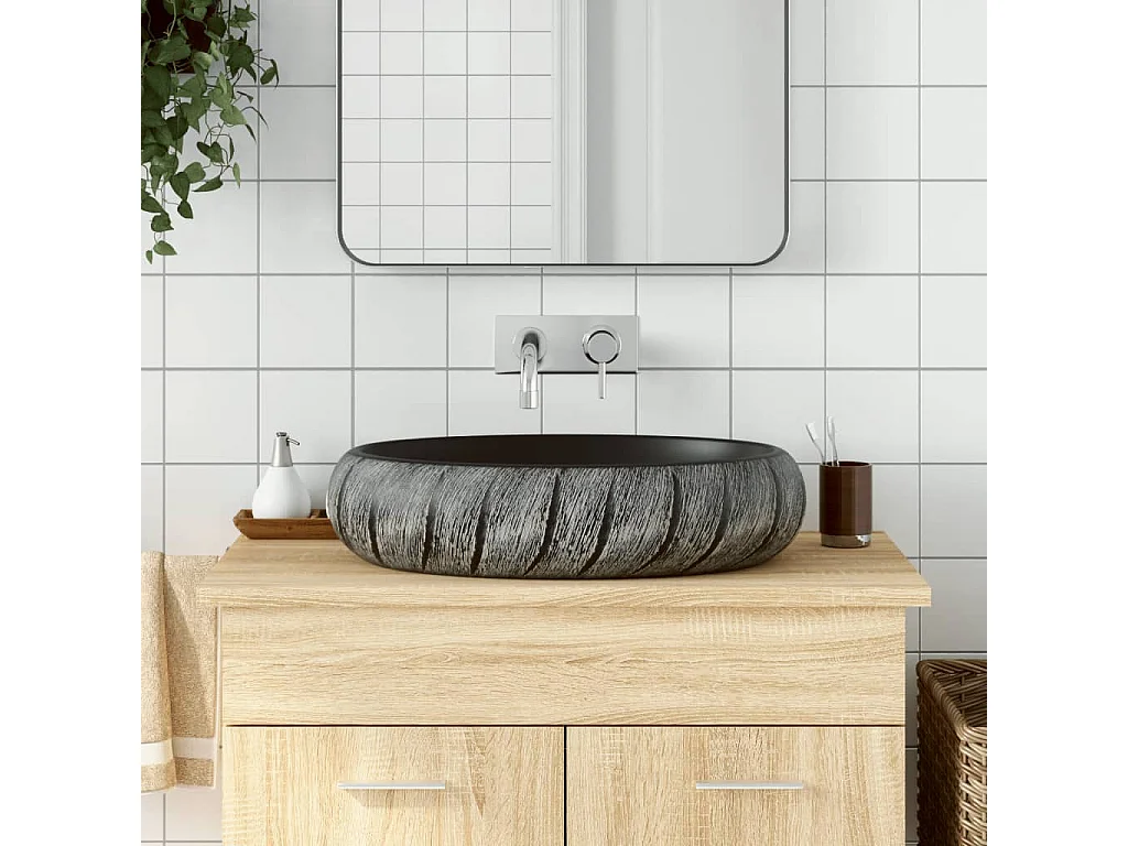 Lavatório de bancada oval 59x40x15 cm cerâmica preto e cinza PT662545
