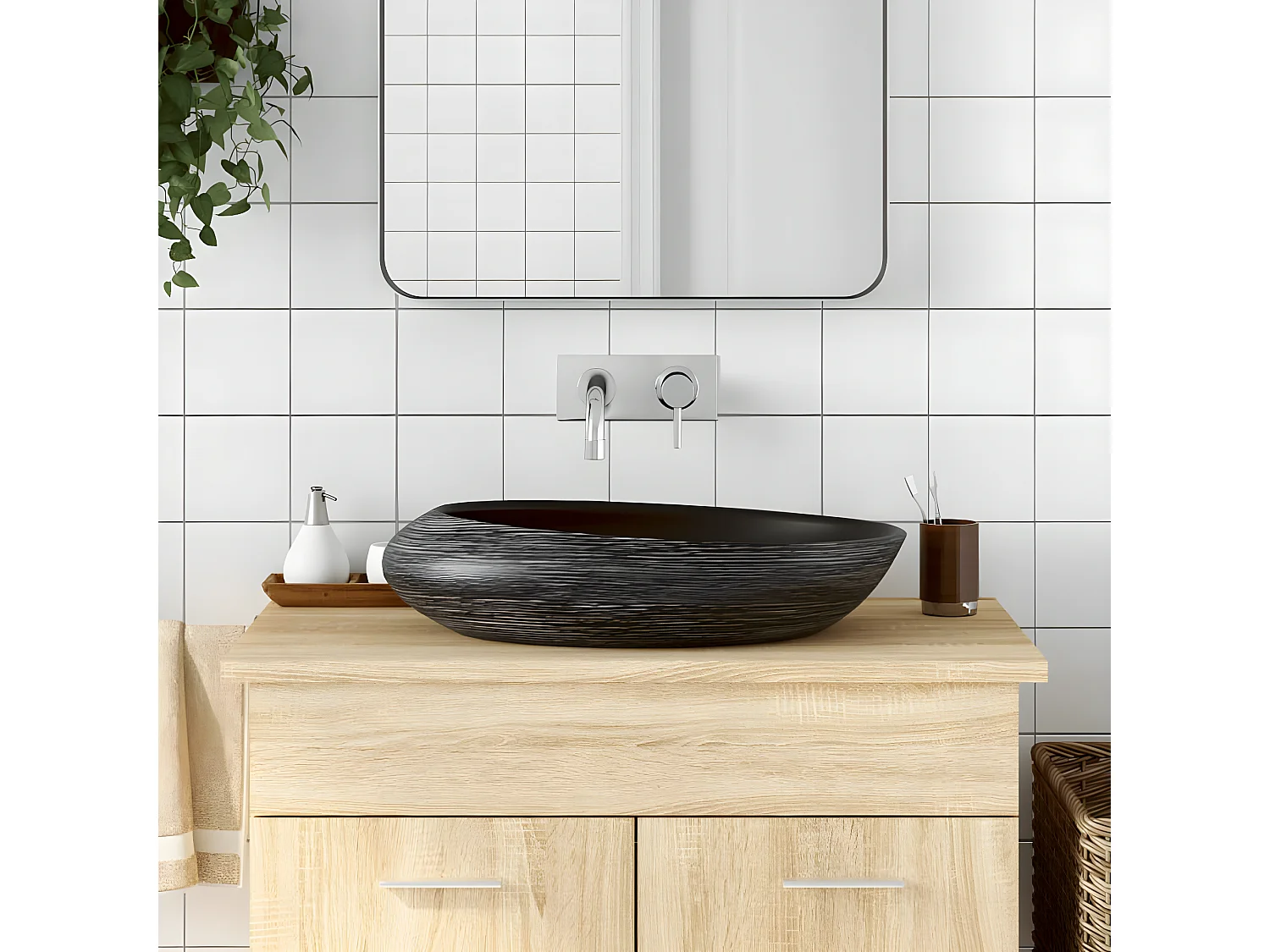 Lavabo sobre encimera ovalado cerámica gris y negro 59x40x14 cm ES66235